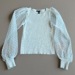 Gray sweater with sheer organza puff polka dot sleeves